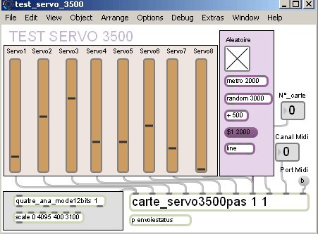 Test de pilotage des 8 servomoteurs de modélisme en 3500 pas de résolution.