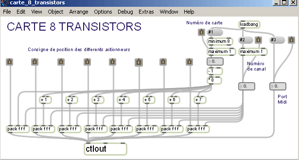 Patch Max MSP pour carte 8 transistors Midi.