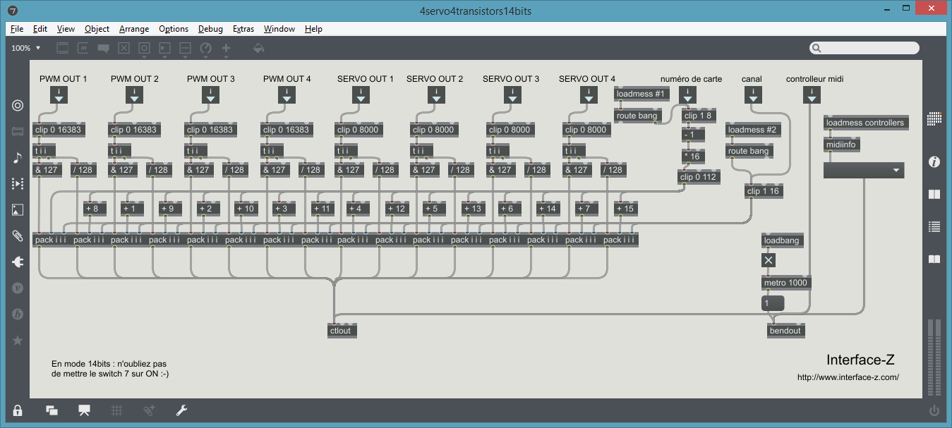 Patcher Max MSP pour carte 2 servomoteurs 4 lampes.