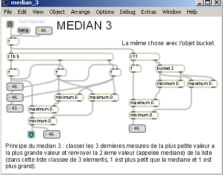 Filtre median sur 3 valeurs - patch Pure-Data.