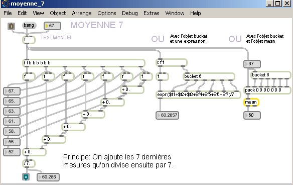 Filtre moyenne sur 7 valeurs - patch Pure-Data.